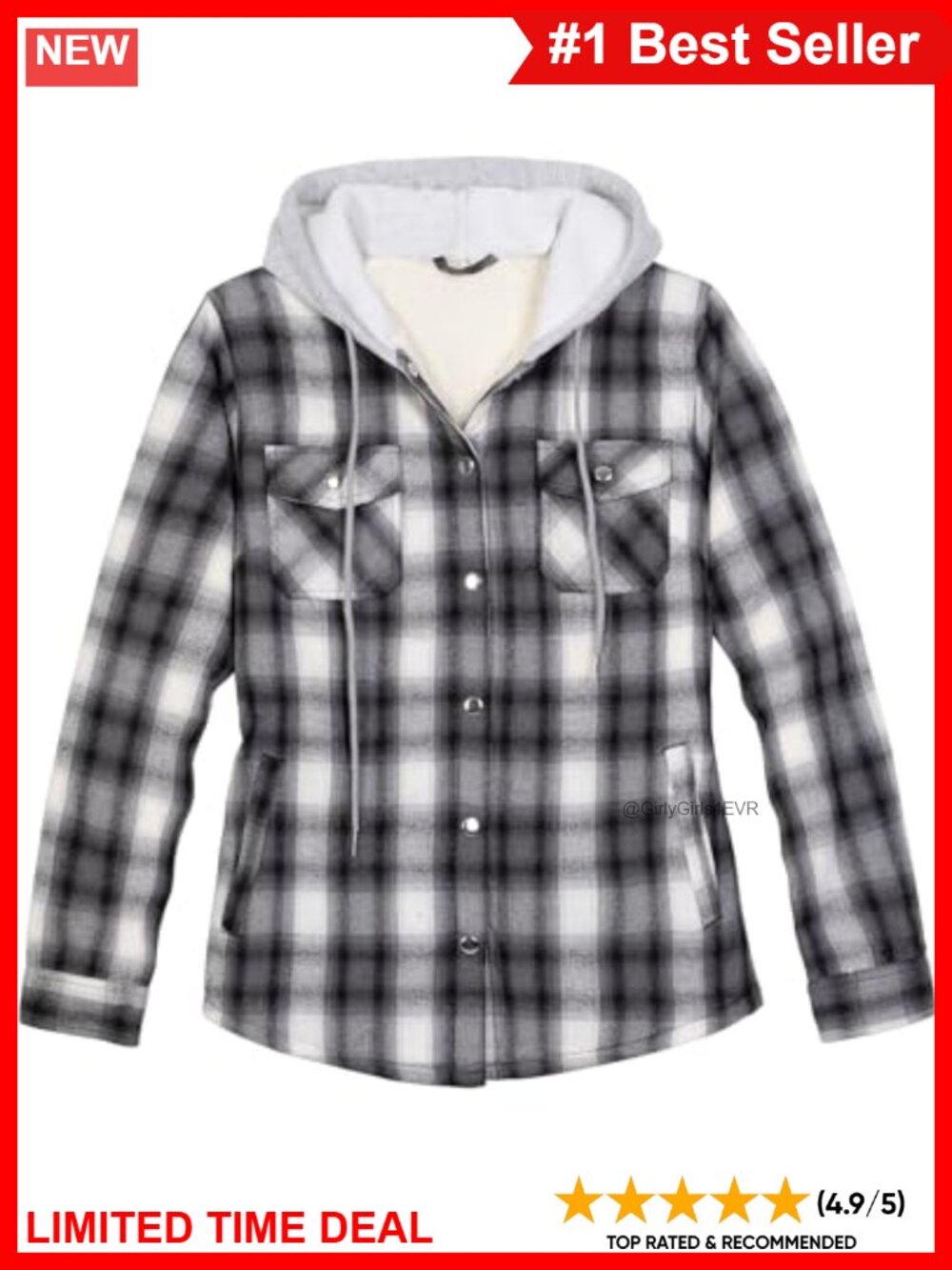 Sherpa Lined Hooded Flannel Shacket Snap Button Shirt Jacket
